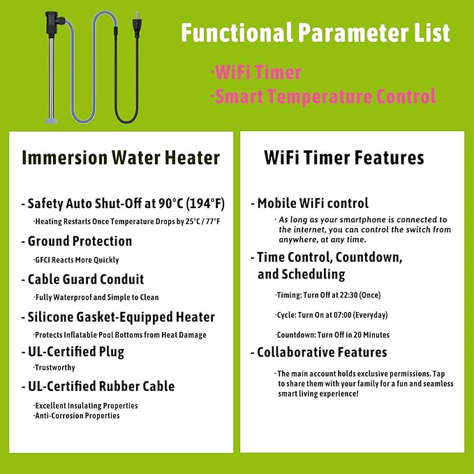 240V 3000W Submersible Immersion Water Heater for Pool & Hot Tub – Portable Electric Heater with Wifi Timer & Temp Control for Inflatable Pool, Above Ground Pool, Bathtub and Baptism pool