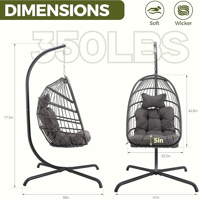 RADIATA Heavy Duty Egg Chair Swing with Stand, 350Lbs Rattan Hanging Chairs with Base and Cozy Cushion, Single Eggshell Hammock Seat for Outside Patio Porch Backyard Balcony Apartment, Dark Grey