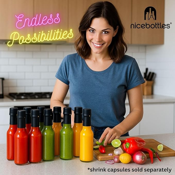 nicebottles Hot Sauce Bottles with Red Caps & Shrink Bands, 5 Oz - 12 Pack