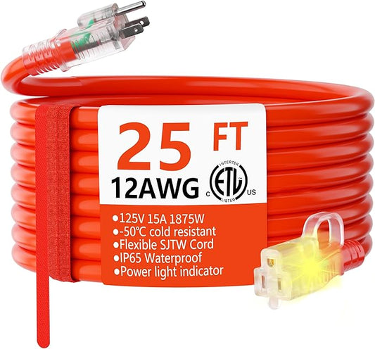 HUANCHAIN 12/3 Gauge Heavy Duty Outdoor Extension Cord 25 ft Waterproof with Lighted end, Flexible Cold-Resistant 3 Prong Electric Cord Outside, 15Amp 1875W 12AWG SJTW, Orange, ETL