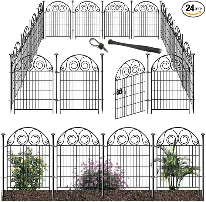 Dog Fence Outdoor for Yard, 32 Inch(H) 24 Panels Total Length 52.5 Ft(L) Pet Fence, Black Metal Animal Barrier Fencing，Reusable Decorative Fences for Garden │Patented
