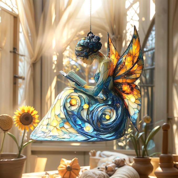 Reading Fairy Christmas Ornament Bookish Acrylic Suncatcher Stained Glass Effect Window Hanging for Book Lover Fantasy Reading Nook Decor Gift for Librarian Readers