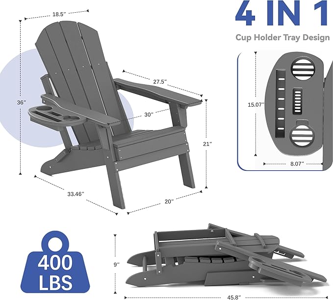 FOOWIN Folding Adjustable Adirondack Chair Set of 2,HDPE Adirondack Chair w/4 in 1 Cup Holder Trays,All-Weather Resistant Fire Pit Chair, Outdoor Chair for Patio Lawn Poolside,400lbs,Dark Grey