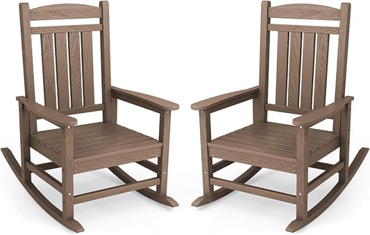 KINGYES HDPE Outdoor Rocking Chair Set of 2, Widened Seat Patio Rocking Chair, Oversized All Weather Patio Rocker, Brown