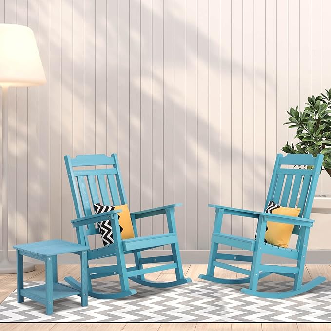 Rocking Chairs Set of 2, All Weather Resistant Poly Lumber Outdoor Porch Rocker, Rocking Chairs for Outdoor, Indoor, Patio, Deck, Garden, Backyard, Load Bearing 380 lbs - Lake Blue