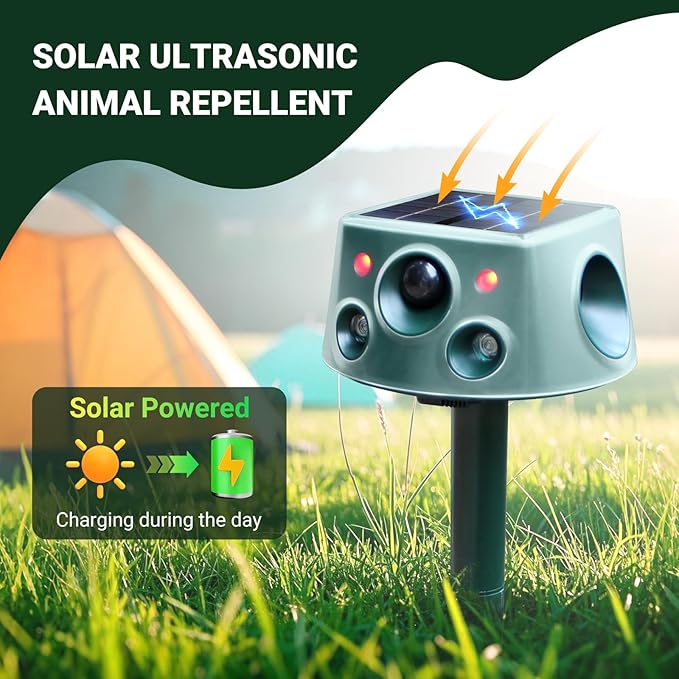 Solar Ultrasonic Animal Repellent, Deer Repellent Devices with Motion Detection & 4 Mode, Cat Repellent Outdoor Squirrel Skunk Rabbit Raccoon Dog Mouse Deterrents Repeller for Yard Patio Waterproof