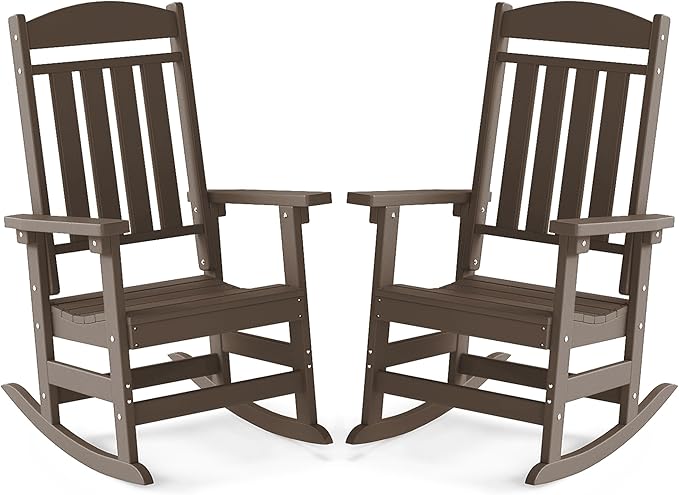 FOOWIN Outdoor Rocking Chair Set of 2, High Back Patio Rocking Chair, HDPE All Weather Resistant Porch Rocker for Adult, Oversized Rocking Chairs for Garden, Lawn, Indoor & Outdoor Use, Coffee