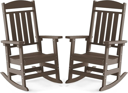 FOOWIN Outdoor Rocking Chair Set of 2, High Back Patio Rocking Chair, HDPE All Weather Resistant Porch Rocker for Adult, Oversized Rocking Chairs for Garden, Lawn, Indoor & Outdoor Use, Coffee