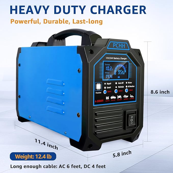 12V 24V Car Battery Charger Heavy Duty, 0-15A Automatic Battery Maintainer, Smart Trickle Charger with Auto Shutoffs, Repair, Winter Mode, for Automotive Car Truck Motorcycle Lawn Mower Boat AGM