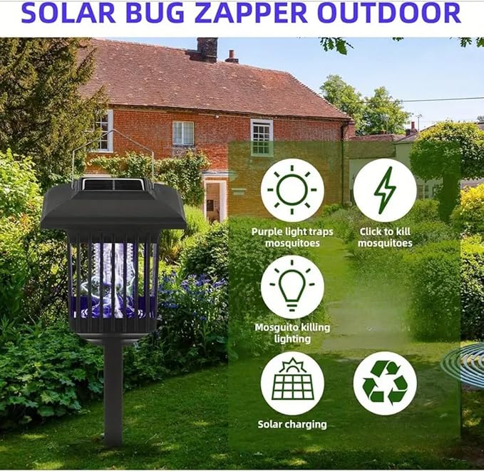 New & Improved 2 Pack Solar Powered Zapper- Enhanced Outdoor Flying Insect Killer- Hang or Stake in The Ground- Cordless Garden Lamp- Portable LED Machine- Best Stinger for Mosquitoes/Moths/Flies (2)