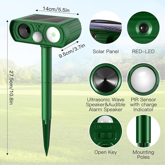 Animal Deterrent Devices Outdoor, Solar Animal Repeller with Motion Sensor Animal Repeller to Repel Cat, Deer, Squirrel, Rabbit, Dog, Skunk (Green - 1 Pack) Model12