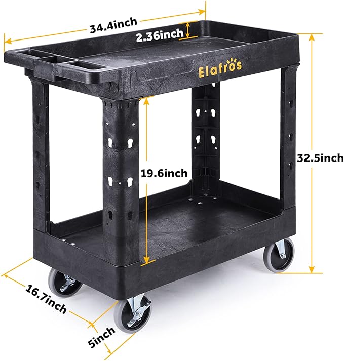 ELAFROS Heavy Duty Plastic Utility Cart 34 x 17 Inch - Work Cart Tub Storage W/Deep Shelves and Full Swivel Wheels Safely Holds up to 550 lbs - 2 Tier Service Cart for Warehouse,Garage, Cleaning