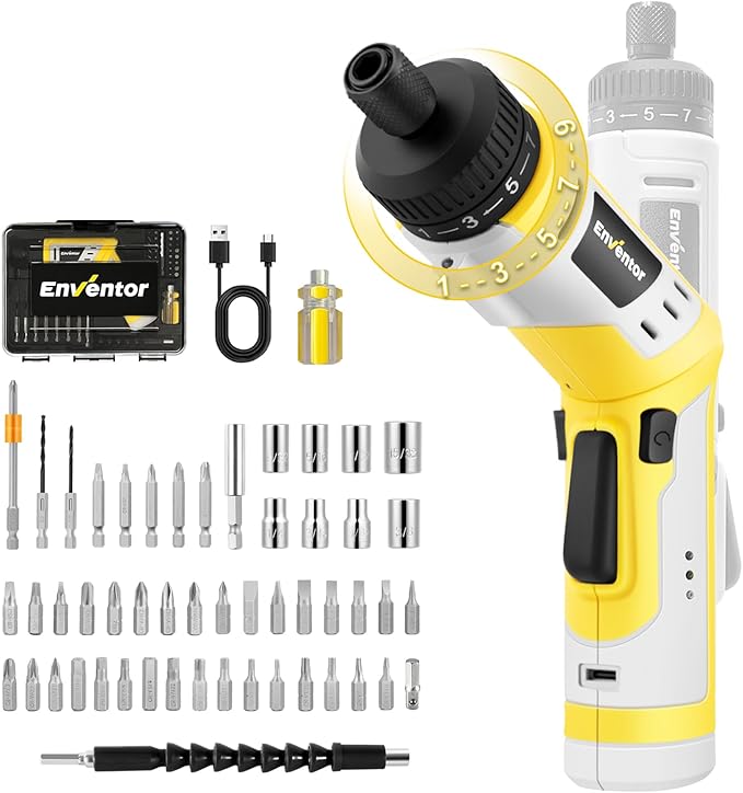 Enventor 4V Cordless Power Screwdriver Kit, Electric Screwdriver Set with 52pcs Accessories, 2000mAh Battery, Type-C Charging, 4.5Nm Screw Gun, 9+1 Torque Setting, 2 Position Handle, LED & Flashlight