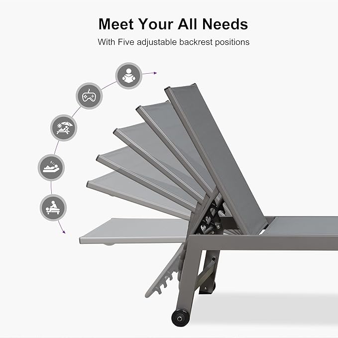 PURPLE LEAF Outdoor Chaise Lounge Set for 2 Oversized Pool Lounge Chairs with Easy-to-Move Wheels and Adjustable Backrest Extra Large Patio Loungers for Poolside Deck Beach Yard Table Included, Grey