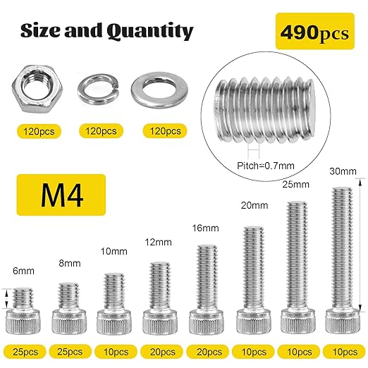 490pcs M4 Screws,Nuts and Washers Assortment kit, M4x6/8/10/12/16/20/25/30 mm Hex Socket Head Cap Screw Bolts Nuts Washer Kit,304 Stainless Steel Bolt Set for DIY, 3D Printer