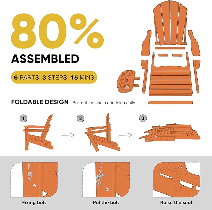 Adirondack Chair Set of 8, HDPE Folding Adirondack Chair with Multifunctional Cup Holder, Weather Resistant Fire Pit Chair for porches, patios, poolsides, Decks.