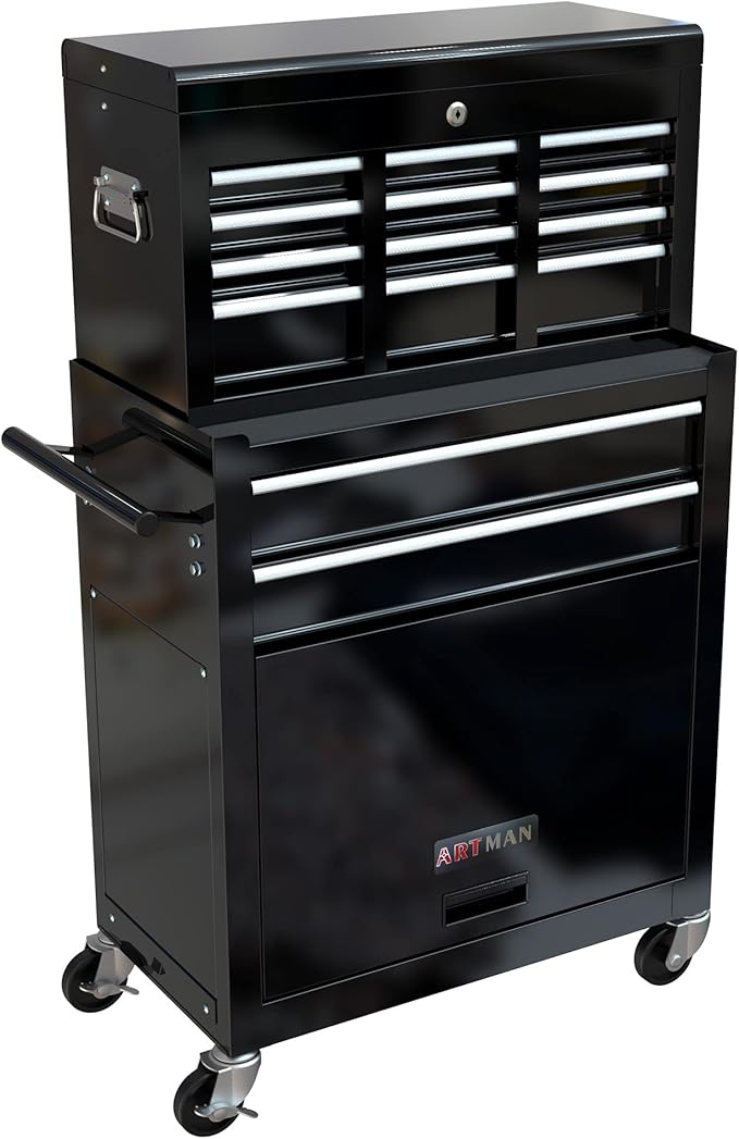 8 Drawers Rolling Tool Box Organizer,High Capacity Tool Chest with Wheels,Lockable Rolling Tool Chest with Bottom Cabinet, Tool Box Rolling Workshop Storage Cabinet (8 Drawers(Black))