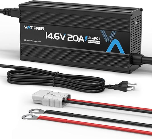 12V-14.6V 20A Lithium Battery Charger VATRER POWER 14.6V LiFePO4 Battery Charger with 0V Activation, LED Indicator & Anderson Connector for 12V Lithium Batteries in Boat RV