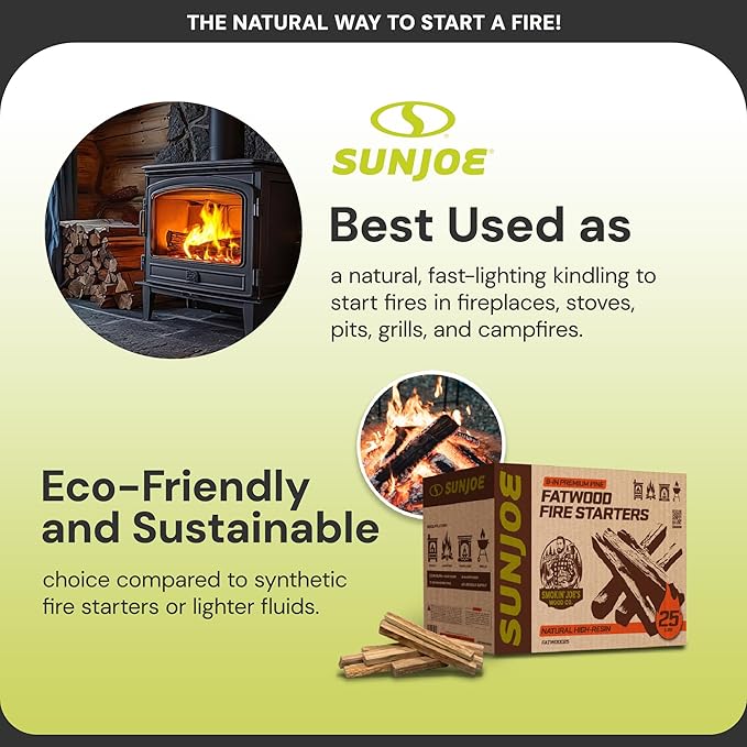 Sun Joe 25-Pound Fatwood Fire Starter Sticks, All-Natural Pine Kindling for Fireplace, Wood Stove, Pit and Grill, Made for Indoor or Outdoor Use