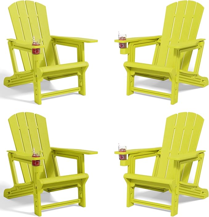 Adirondack Chair Set of 4, All Weather Plastic Adirondack Chairs, Fire Pit Chairs with Cup Holder, Outdoor Lawn Chair for Patio, Garden, Backyard, Yellow