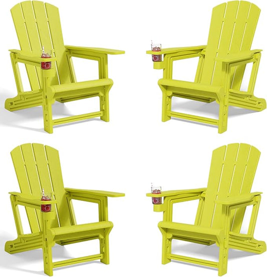 Adirondack Chair Set of 4, All Weather Plastic Adirondack Chairs, Fire Pit Chairs with Cup Holder, Outdoor Lawn Chair for Patio, Garden, Backyard, Yellow