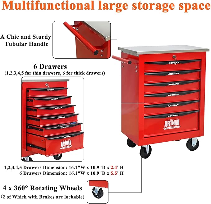6 Drawers Rolling Tool Box on Wheels, Multifunctional Tool Cart, Drawers Rolling Trolley Organizer Tool Storage Chest for Garage,Workshop,DIY Multiple Interconnectable(4 Drawers-30.5" H)