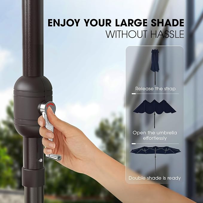 wikiwiki 15ft Large Patio Umbrellas with Base Included, Outdoor Double-Sided Umbrella with Crank Handle, Powerful UV Protective, for Pool Lawn Garden, Navy Blue