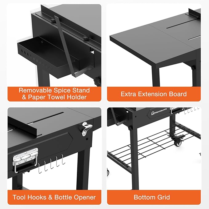 WARMOUNTS Foldable Grill Cart Outdoor with Wheels, Portable Outdoor Grill Table with Storage, Movable Stand Fits 17''/22'' Tabletop Grill, 400 Lbs Weight, for Camping, BBQ