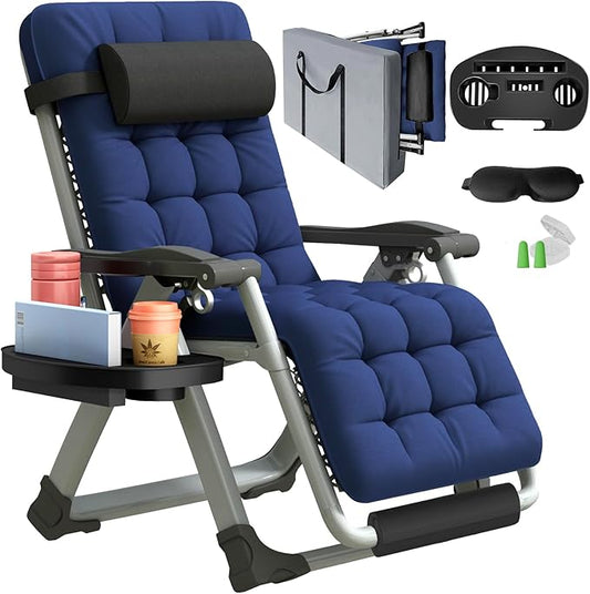 XL Zero Gravity Lounge Chair 29", Oversized Padded Folding Recliner for Patio with Storage Bag, Removable Cushion, Footrest, Full Aluminum Lock & Large Cup Holder, Supports 450 lbs, Blue