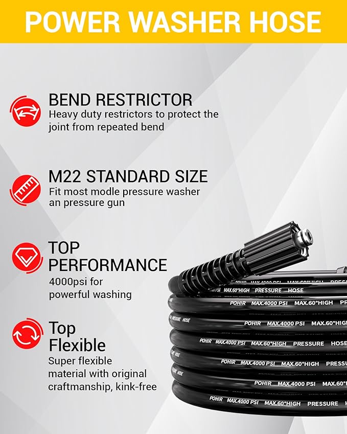 POHIR Pressure Washer Hose 25FT 4000PSI, 1/4 Inch M22 Kink Resistant Power Washing Replacement Hose, Lightweight Pressure Washer Extension Hose