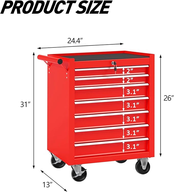 7 Drawers Tool Cart on Wheels, Multifunctional Rolling Storage Tool Chest,Drawers Rolling Tool Boxes Trolley Organizer Case for Garage,Warehouse,Workshop,Repair Shop (7 Drawers - Red)