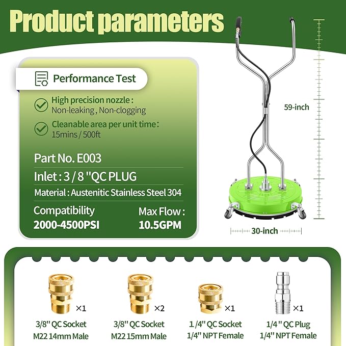 30" Pressure Washer Surface Cleaner with 4 Wheels - Coated Green Dual Handle Stainless Steel Surface Cleaner for Pressure Washer Attachment for Concrete, Patio, Sidewalk, Deck and Driveways - PWS30G