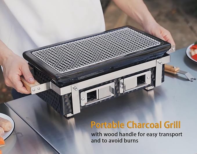 Charcoal BBQ Hibachi Grill with Grid Lifter, Portable Yakitori Grill with Stainless Steel Grate, Barbecue Stove for Outdoor Camping Picnic Patio Backyard Cooking, GS306