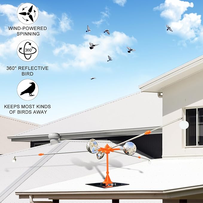 Bird Reflective Spinning Deterrent Devices for Outside Keep Birds Away Pigeon Woodpeckers Deterrent for Garden Roofs(with Base and Pole)