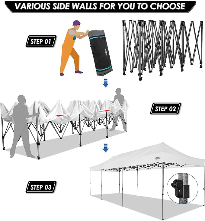 COBIZI 10x30 Heavy Duty Pop up Canopy with 8 sidewalls Stable Wedding Outdoor Tents for Parties Canopy Pop Up Party Tent UPF 50+ Waterproof Commercial Gazebo with Roller Bag, White(Windproof Upgraded)