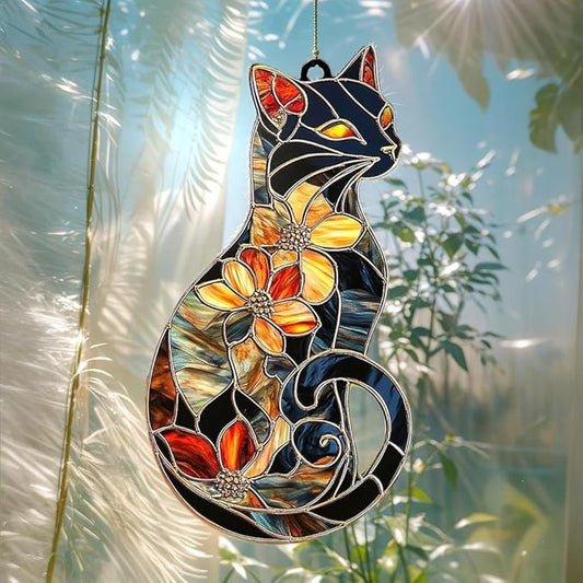Cat Lovers Christmas Ornament Black Cats Suncatcher with Flowers Design Window Hanging Acrylic Stained Glass Effect Art Boho Garden Decor Unique Gift for Mom Thanksgiving