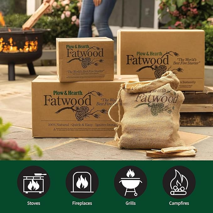 Plow & Hearth 25 LBS Fatwood Fire Starter Sticks Organic Kindling, Easy Ignition Fat Wood, All Natural Firestarters for Fire Pit, Wood Stoves, Fireplaces, Campfires, Bonfires, BBQ