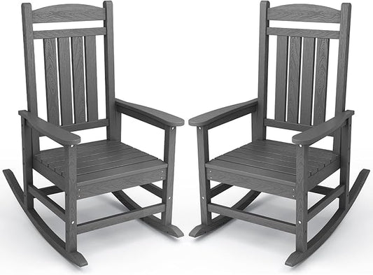 KINGYES HDPE Patio Rocking Chair Set of 2, Outdoor Rocking Chairs Porch Rocker for Adults, Grey