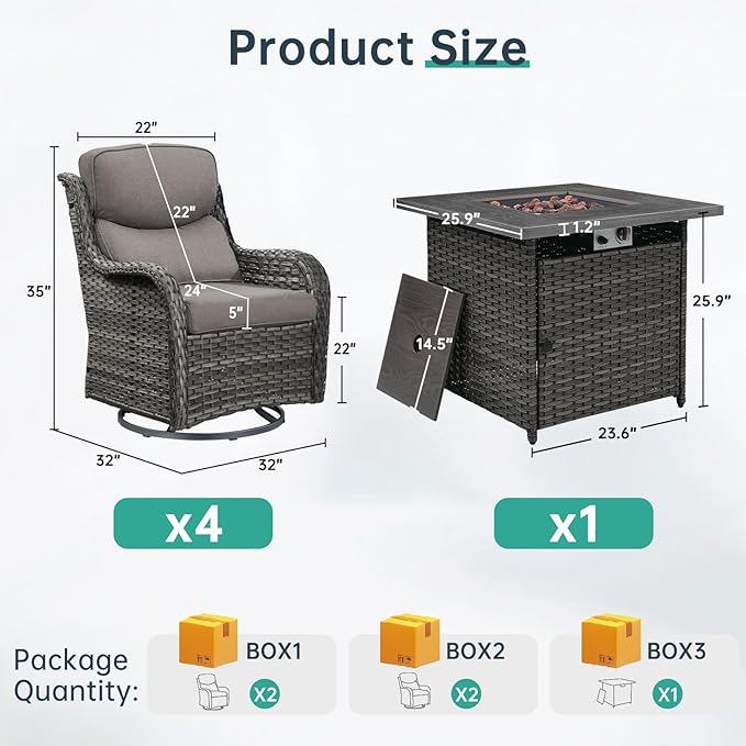 Outdoor Swivel Rocker Patio Chairs Set of 4 with Fire Table - 5" Thick Cushion 5 Piece Furniture Set with Fire Pit Table All Weather Wicker Conversation Set for Porch Deck - Gray/Gray