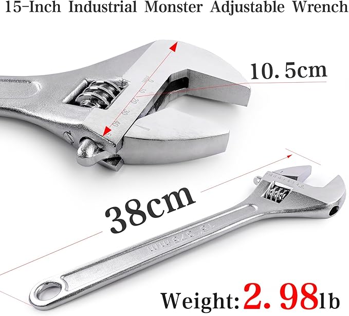 Navegando Large Adjustable Wrench 15" Heavy Duty, Professional Grade, 15 Inch Large Wrench – Drop Forged Steel, 47mm Max Opening, Metric & Imperial Scale, for Automotive, Plumbing, Industrial