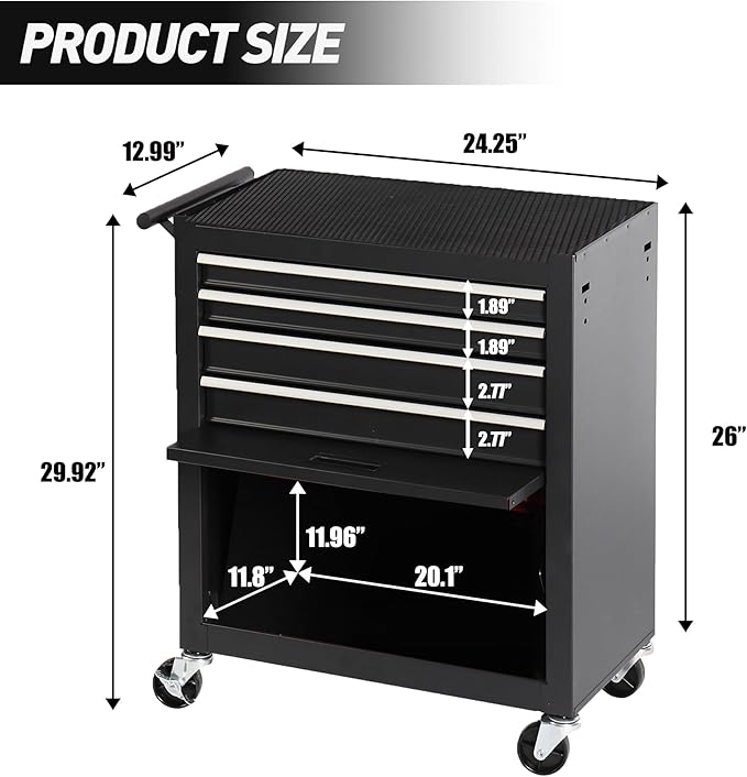 4 Drawers Tool Cart on Wheels, Multifunctional Rolling Storage Tool Chest, Drawers Rolling Toolboxes Organizer Tool Case for Garage,Warehouse,Workshop,Repair Shop (4 Drawers 1 Cabinet - Black)