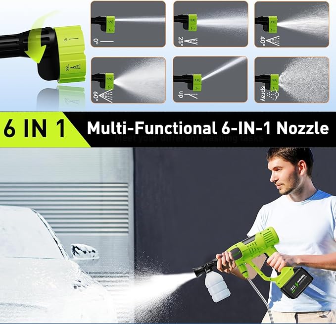 Cordless Power Washer, 900 PSI Cordless Pressure Washer, Portable Power Washer with 3.0Ah Battery&Charger & 6-in-1 Nozzle, 17FT Drain Hose, Portable Pressure Washer for Car WashHomeYard