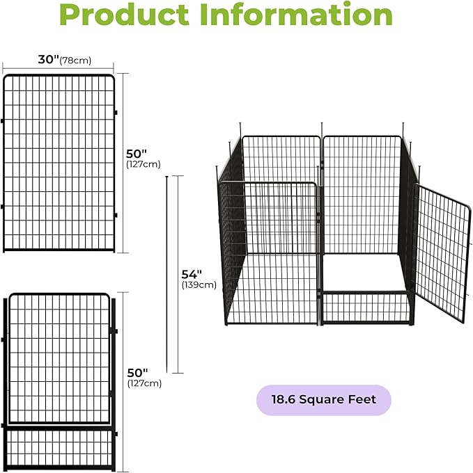 SunsGrove Tall Garden Fence with Gate, 50 in(H) x 20.5 ft(L) 8 Panels Heavy Duty Metal Animal Barrier Fence for Yard, Suitable for Indoor or Outdoor Dog Pet Fence, Garden Fence Border, Black