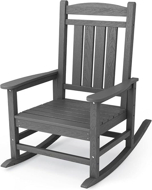 KINGYES HDPE Outdoor Rocking Chair, Widened Seat Patio Rocking Chair, Oversized All Weather Patio Rocker, Gray