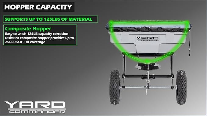 Yard Commander - 125 LB Tow Behind Lawn & Garden Broadcast Spreader - Seed, Fertilizer, Salt, Ice Melt - Premium Aluminum Cast Gears - Gate Lever for Easy Spread Control