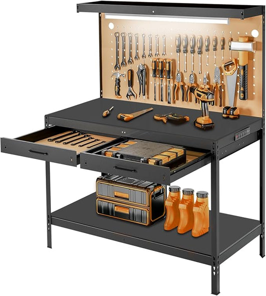 Work Bench, Work Benches for Garage, Work Table, A3 Steel 600LBS Capacity Workbench for Garage Tool Storage Workshop Basement, Tool Table Bench