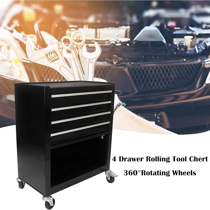4 Drawers Tool Cart on Wheels,Rolling Tool Box Tool Storage， Drawers Rolling Tool Box Organizer Tool Case for Garage, Warehouse, Workshop, Repair Shop (4 Drawers(Black))