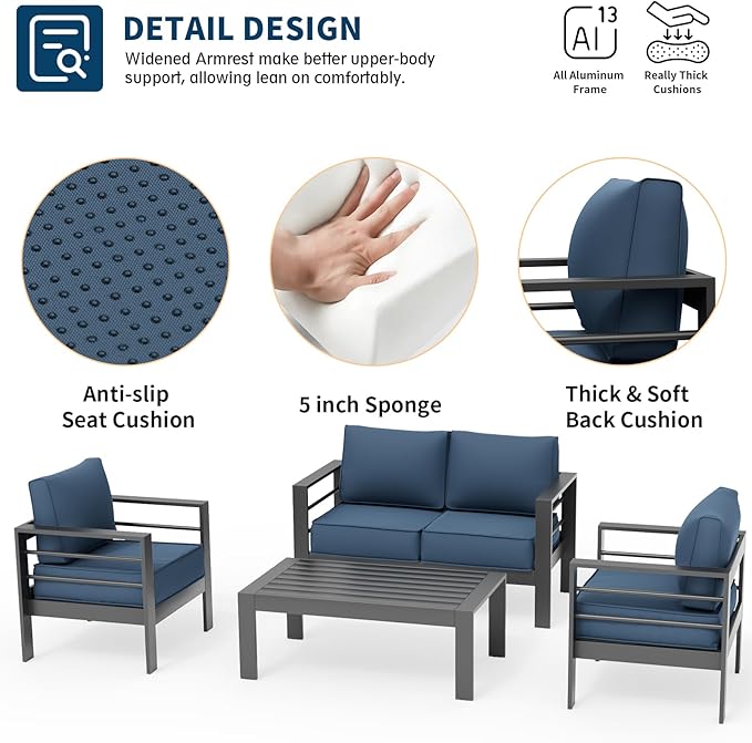 UDPATIO 4 Piece Patio Furniture Set Aluminum Outdoor Furniture Modern Patio Set, Thickness 5" Cushion Outdoor Seating Set for Balcony(Include Sofa Cover)