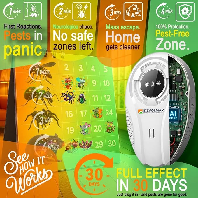 T-27, Ultrasonic Pest Control Repeller - Electronic & Ultrasound, Indoor Plug-in Repellent - Get rid of - Rodents, Mice, Squirrels, Bats, Insects, Bed Bugs, Ants, Fleas, Spiders, Roaches (6 Pack)