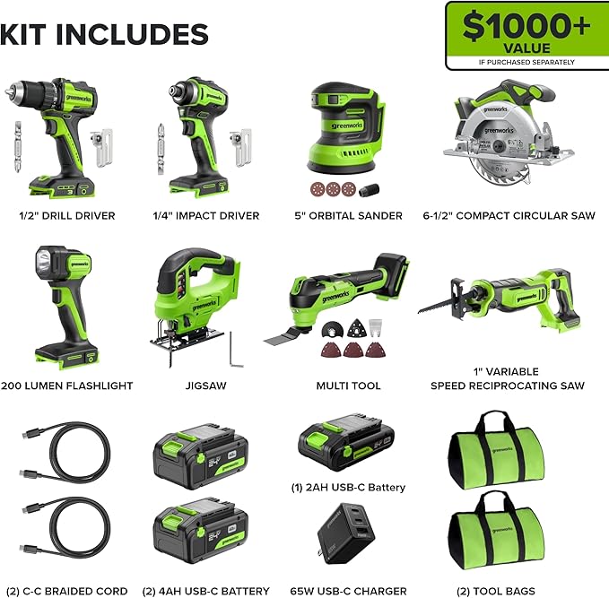 GREENWORKS 24V (8-TOOL) Combo (Drill, Impact Driver, Circular Saw, Reciprocating Saw, Jigsaw, Multi-Tool, Sander, Flashlight), 4.0Ah + (2) 2.0Ah (Power Bank) Batteries, (2) Cables, 65W Rapid Charger